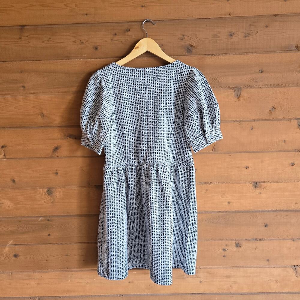 Loft Gingham Dress Petites Textured Mini NWT MP Black White Puff Sleeve Preppy - Picture 4 of 6